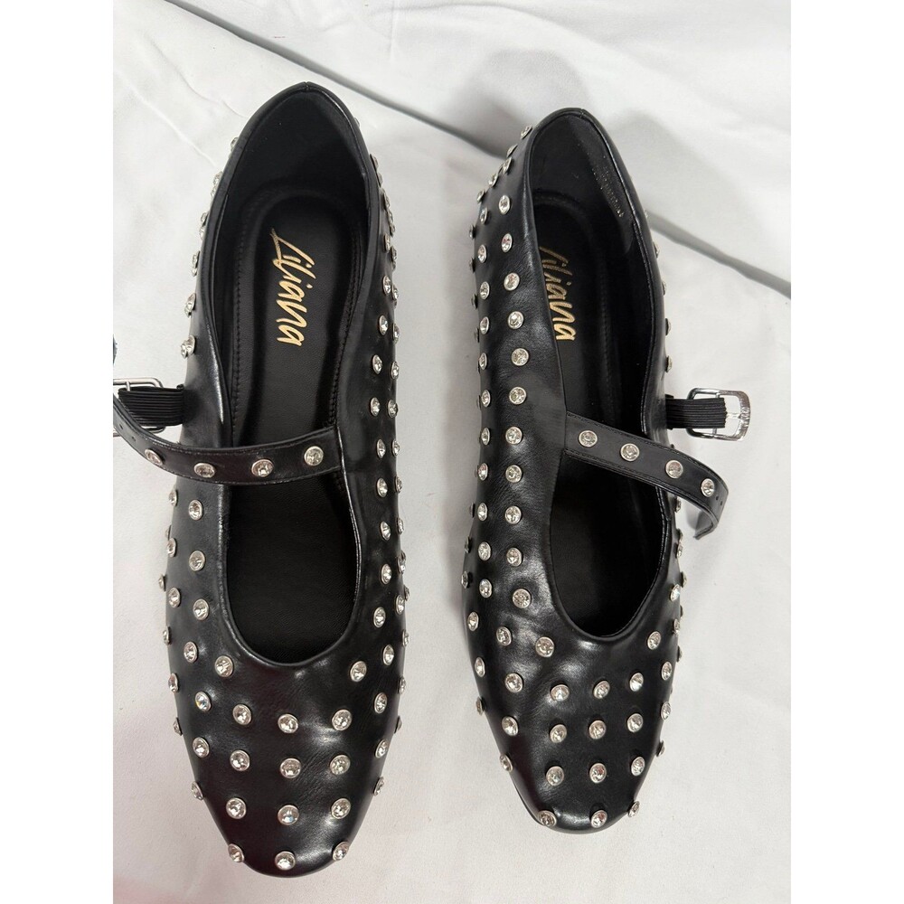 Liliana Black Studded Buckle Mary Jane Round Toe Flats Size 10 for Women - Picture 2 of 5